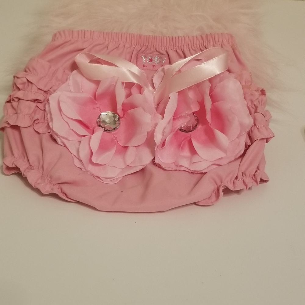 TOBY NYC Pink Baby Bottoms Pull On Shorts with 2 Silk flowers and Rehinestone